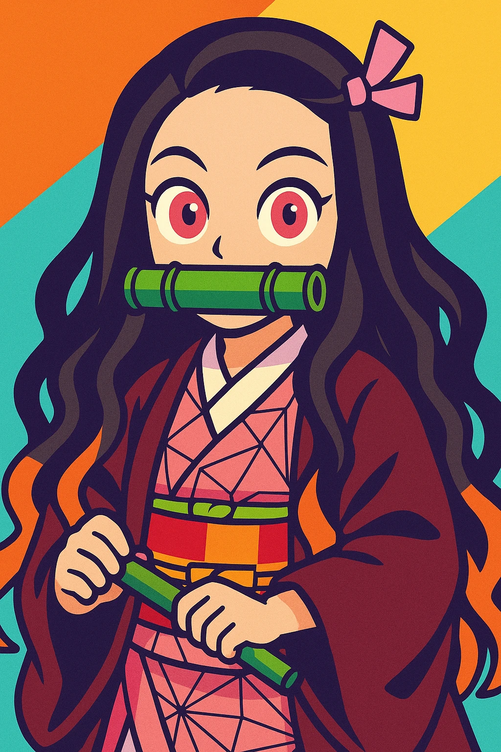 Nezuko Kamado, pink eyes, kimono, bamboo, vibrant toon style emoji
