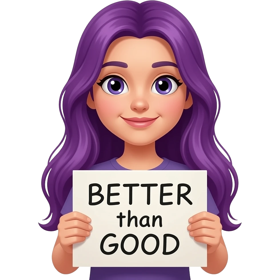 girl with long purple hair with a BETTER than GOOD sign emoji