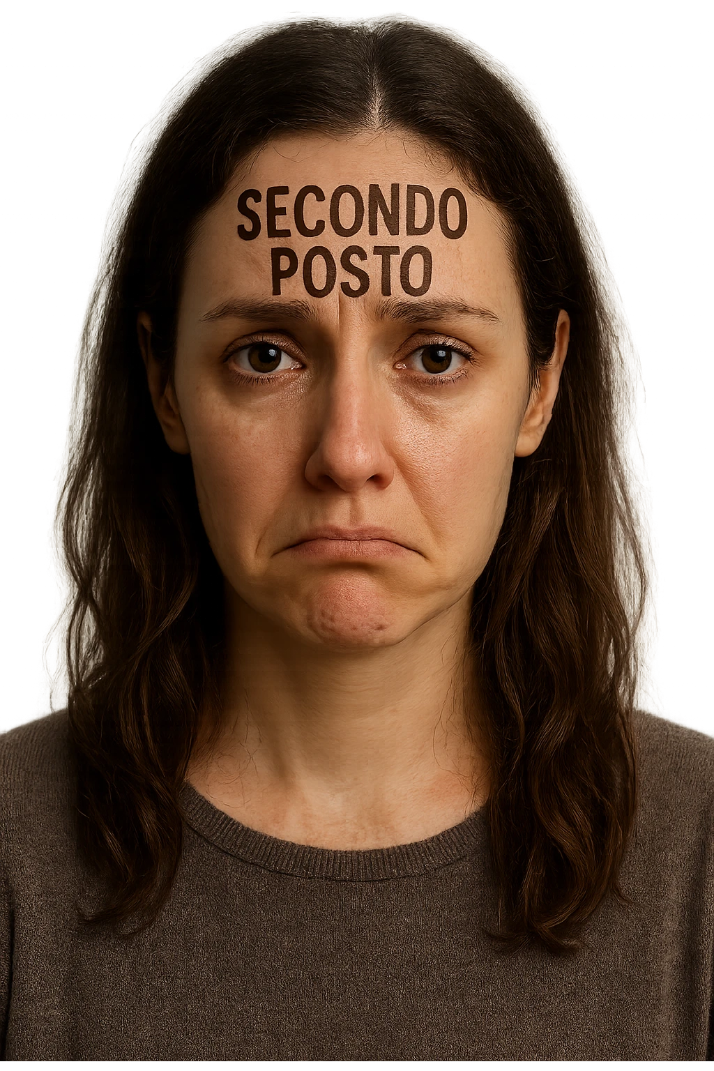 DONNA CON LA SCRITTA "SECONDO POSTO" SULLA TESTA, LEI HA L'ESPRESSIONE TRISTE, COME SE FOSSE SEMPRE SECONDA NELLA VITA, iperrealistico 4k emoji