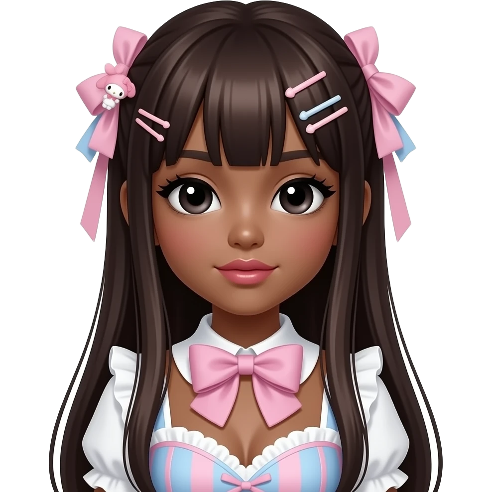 Dark brown skin, Gyaru makeup, my melody hairclip, cutecore, doll eyes, Doll, big chest, dark brown skin, with straig htened long dark brown hair, black cute eyes, cute lips with Gyaru outfit emoji