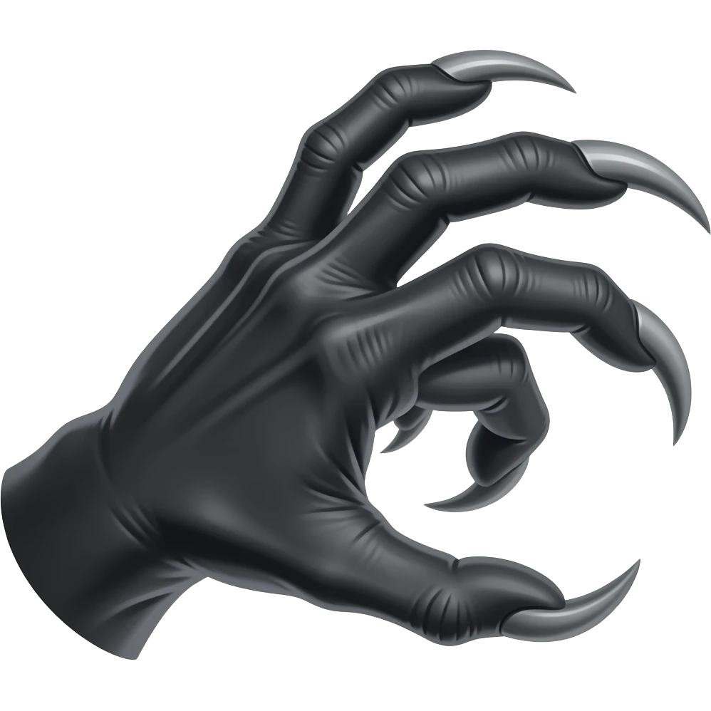 Long dark Demonic hand with sharp claws. Make the hand reach out to attack and slash towards the right of the image violently. Shift the perspective to a side profile to show the curvature and length of the claws more clearly. emoji