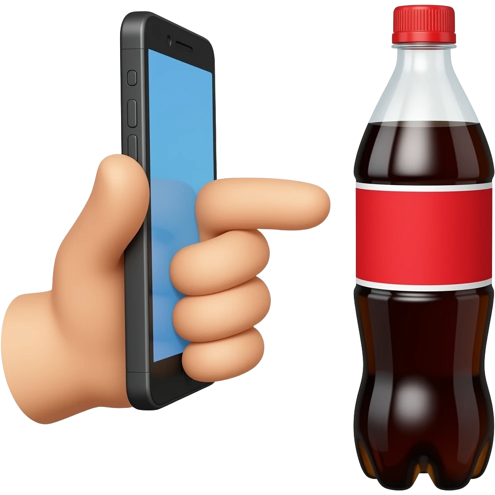 hand gripping a smartphone, phone camera pointed at a soda bottle , scanning action, no text emoji