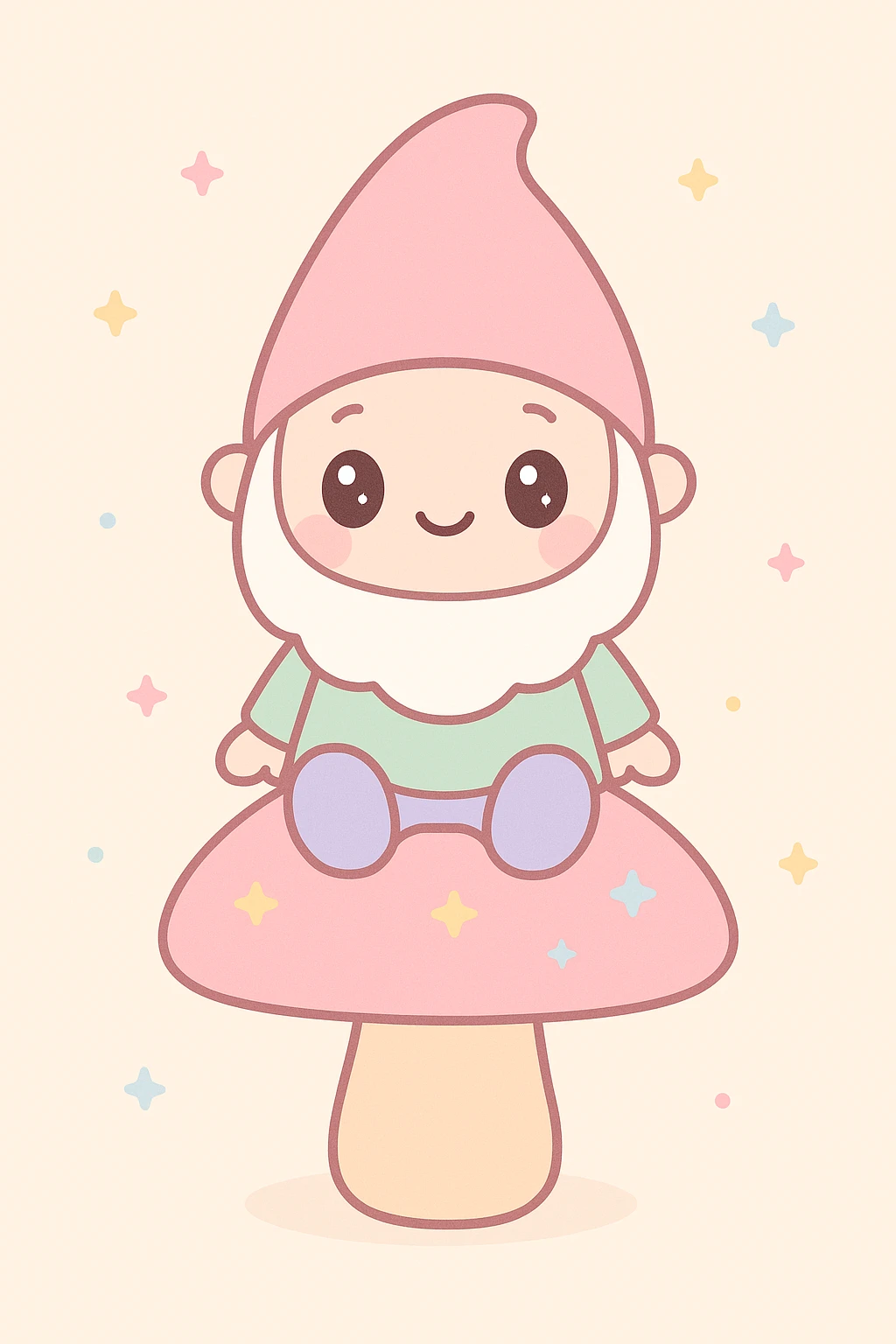 cute garden gnome, sitting on a mushroom, kawaii style, adorable, colorful, charming emoji