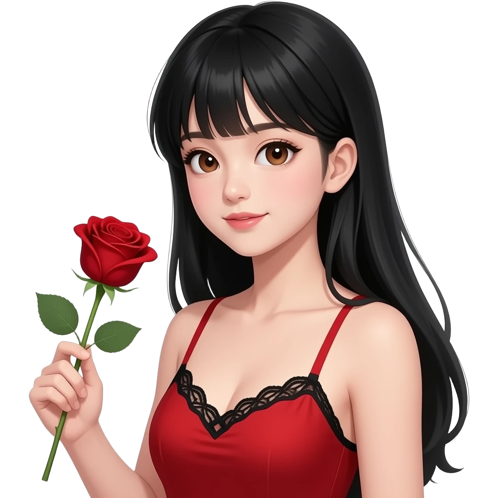 Asian girl with black long hair but NO BANGs, pretty brown siren eyes, a red dress, thin strap, with the top of a black bra showing laced, make her look attractive  have her head tilted to the side holding a blood red color rose make her look 15 years old and looking at the rose emoji
