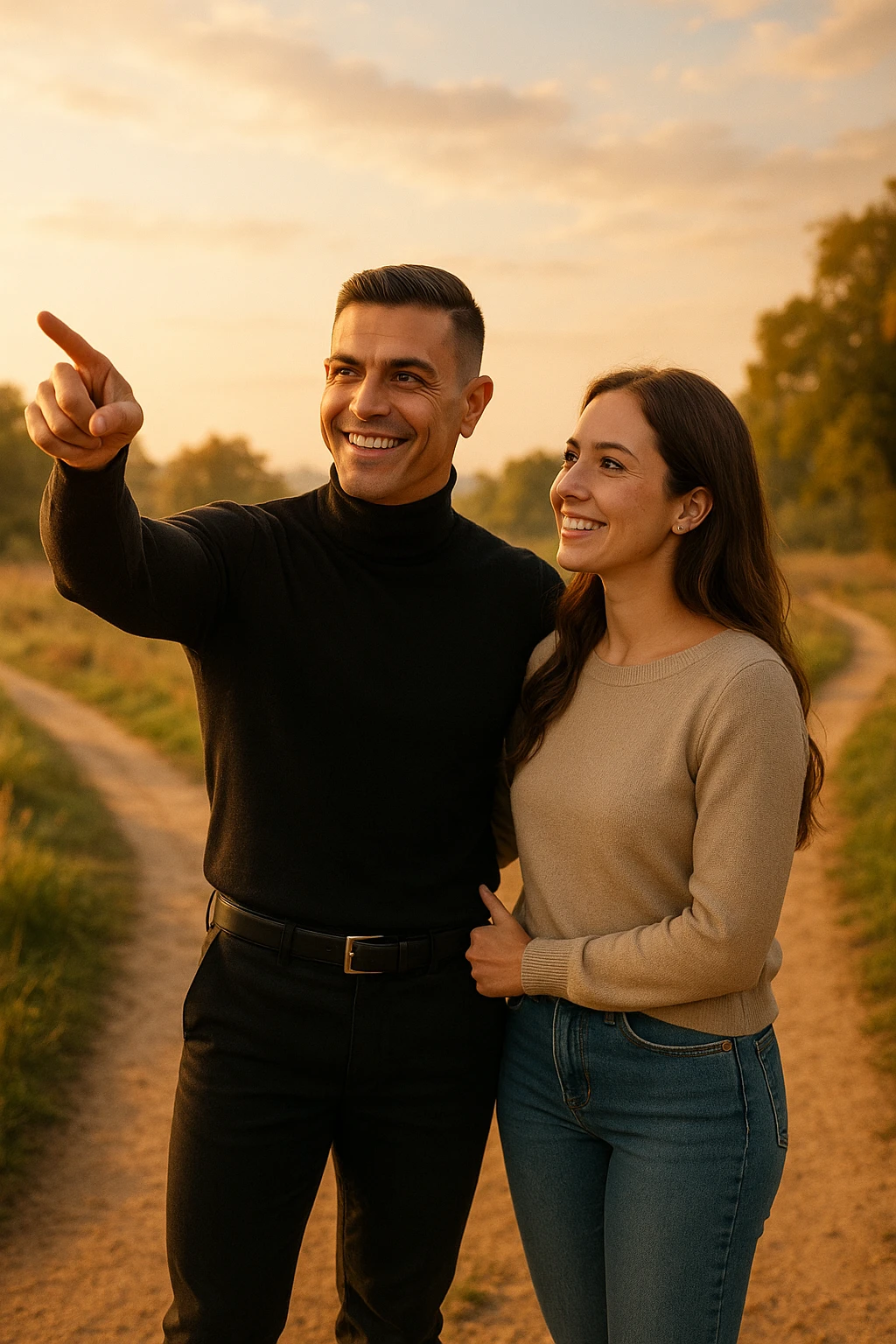 a couple stands at a crossroads, the man pointing confidently toward a direction while the woman looks at him with trust and optimism. Both are illuminated by soft, uplifting light, representing faith in each other’s strengths and the positive outcomes of working together. emoji