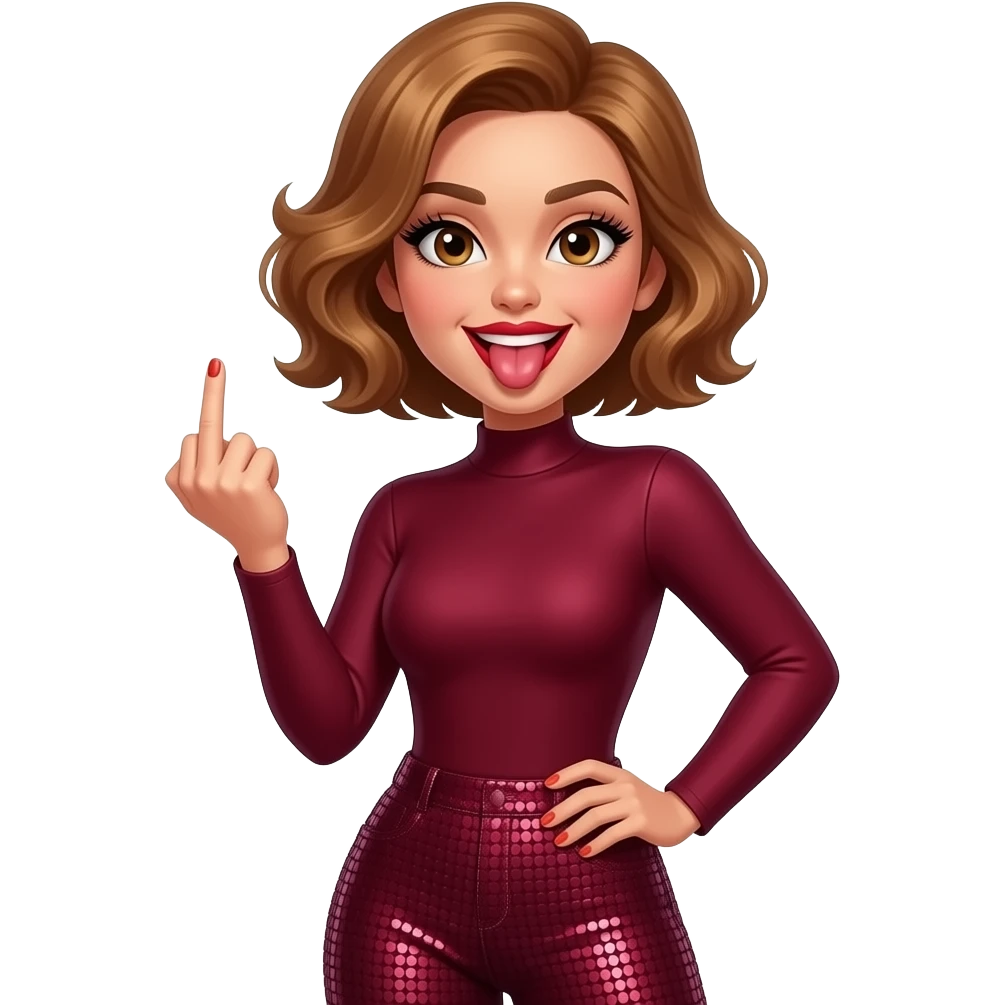 glamours,-tanned,-very-beautiful-woman-with-big-plump-red-lips,-long-lashes,-honey-silky-very short- hair,-wavy-hair,-hazel-eyes- wearing-Burgundy-Long-sleeved-bodysuit-Burgundy- sequinned-pants-Her-eyes-sparkle,-sticking-tongue-out,-middle-finger-up emoji