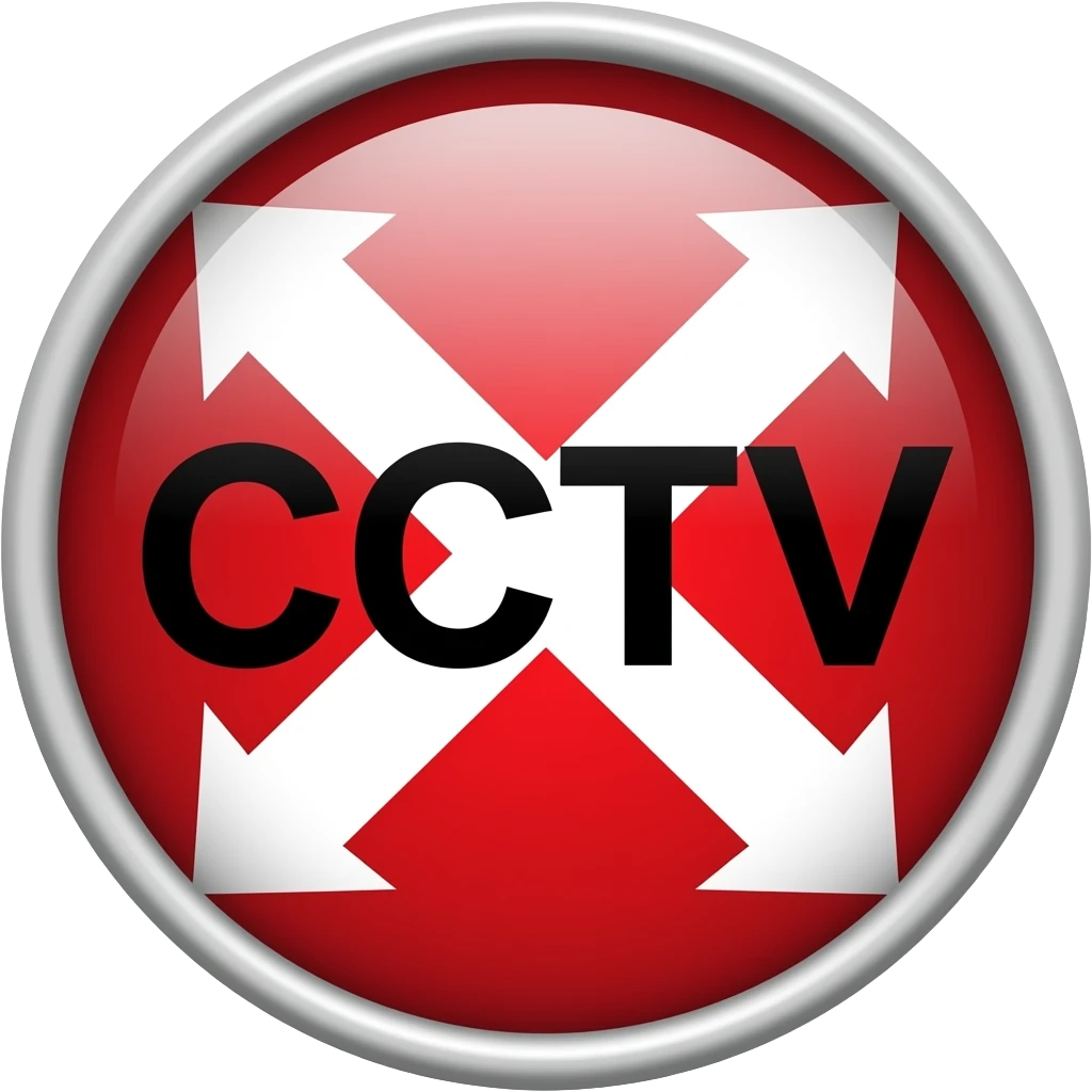 Red filled circle with white X and arrow on all end points on the X white circle in the middle. Big bold CCTV word in the centre in black emoji