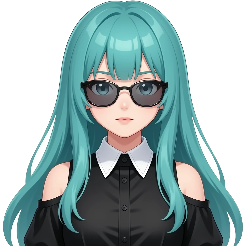 anime girl, cool face, modern sunglasses long flowing teal hair, grey eyes, black shoulder cyberpunk blouse with fancy white collar emoji