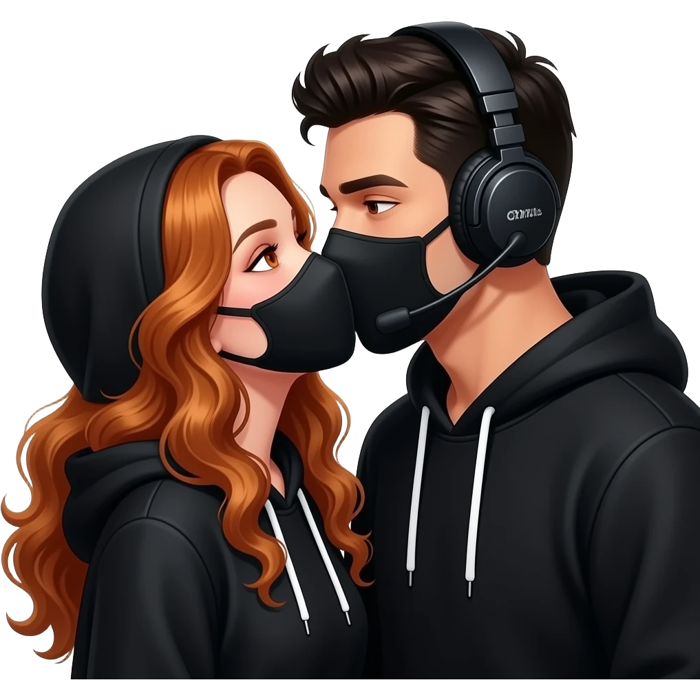 sexy girl with long curly ginger hair and ginger eyes with a black hoodie and mask gets kissed by a attractive blackhaired man with a black hoodie, a headset and a black mask emoji