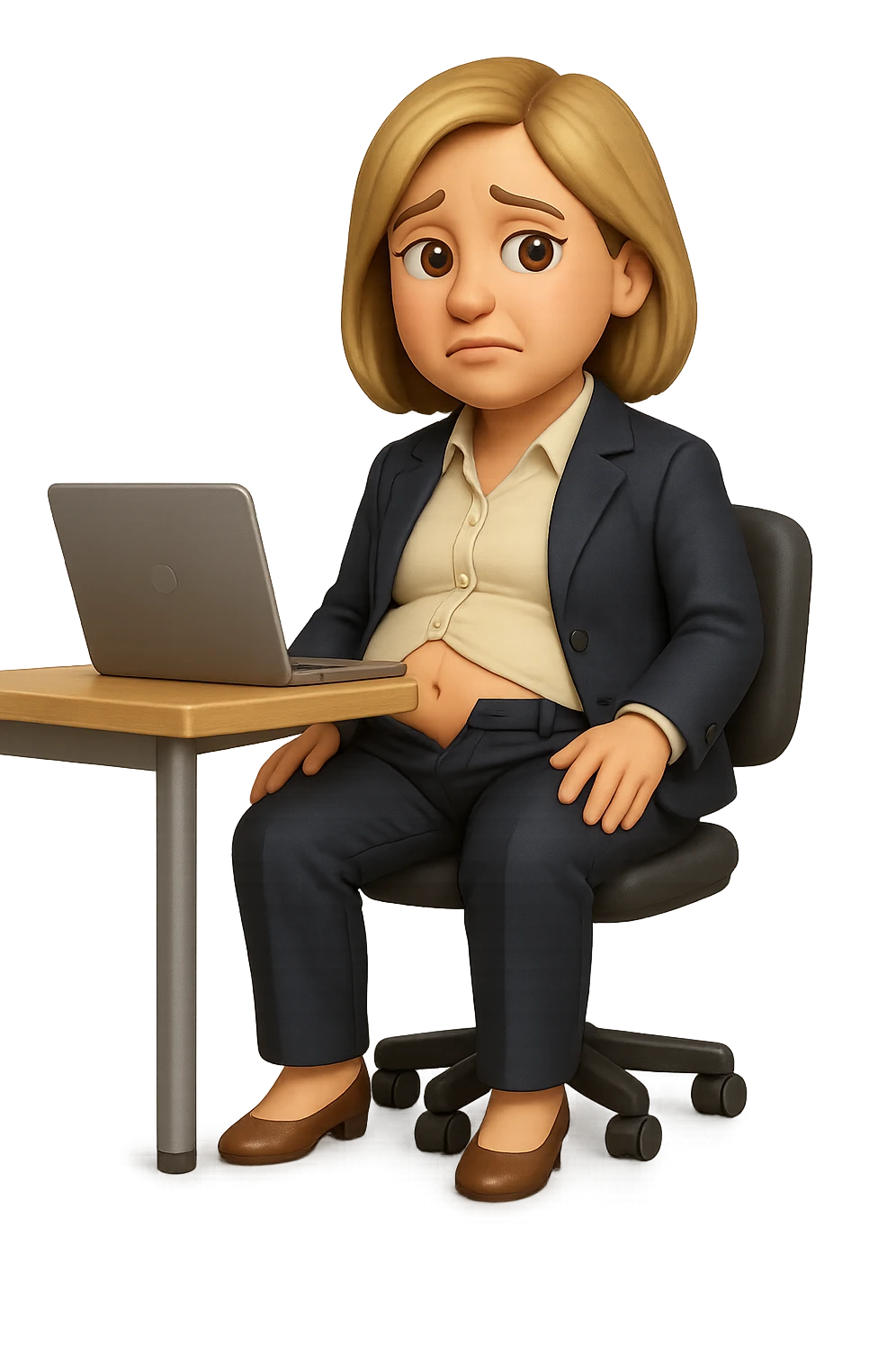 emoji stile iphone di una donna seduta alla scrivania dell'ufficio in completo elegante con i pantaloni sbottonati perché ha la pancia gonfia, falla a corpo intero, iperrealistico 4k emoji