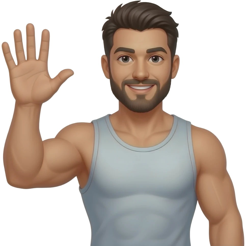 Muscular  man on steroids with dark hair and beard in a skimpy tank top raising open hand d emoji