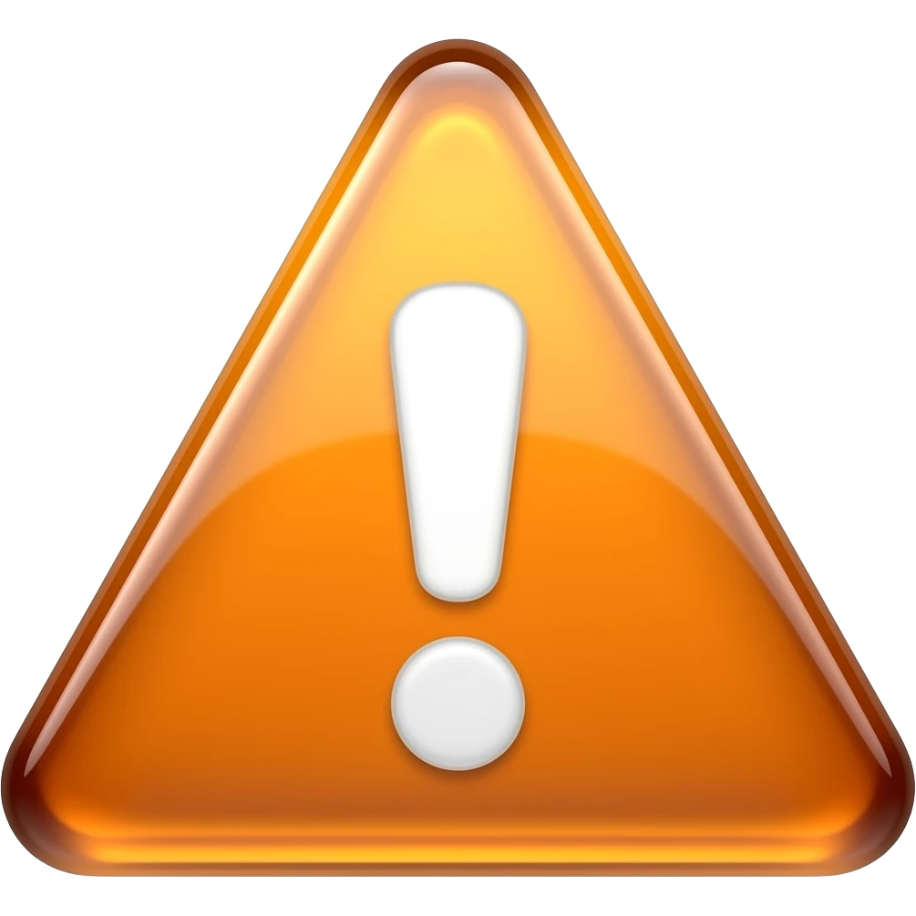 Glossy orange warning triangle with a white exclamation mark, 3D glass texture, vibrant safety orange, soft shadows. emoji