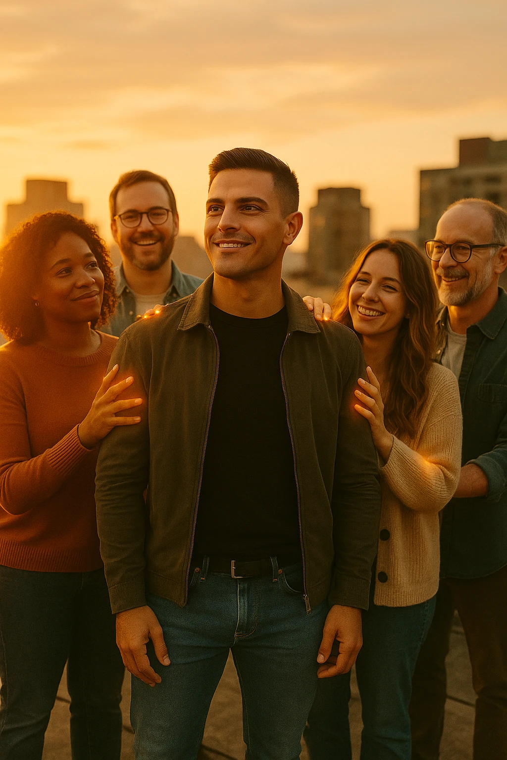 A cinematic scene of a man in his early 30s standing at the center of a sunlit urban rooftop during golden hour, surrounded by a diverse group of supportive, smiling people — friends, mentors, colleagues. They’re standing slightly behind or beside him, hands on his shoulder or gesturing toward him with encouragement. The man looks forward with a confident, inspired expression, body slightly relaxed, as if something inside di lui sta cambiando. The light behind the group forms a halo effect, emphasizing warmth and unity. Subtle visual symbolism: faint glow around their hands and hearts, suggesting their energy is uplifting him. Realistic clothing, modern style — jeans, T-shirts, casual jackets. The mood is inspiring, grounded, and full of potential. Shot in 35mm film style, with rich warm tones, shallow depth of field, and vibrant human detail. emoji