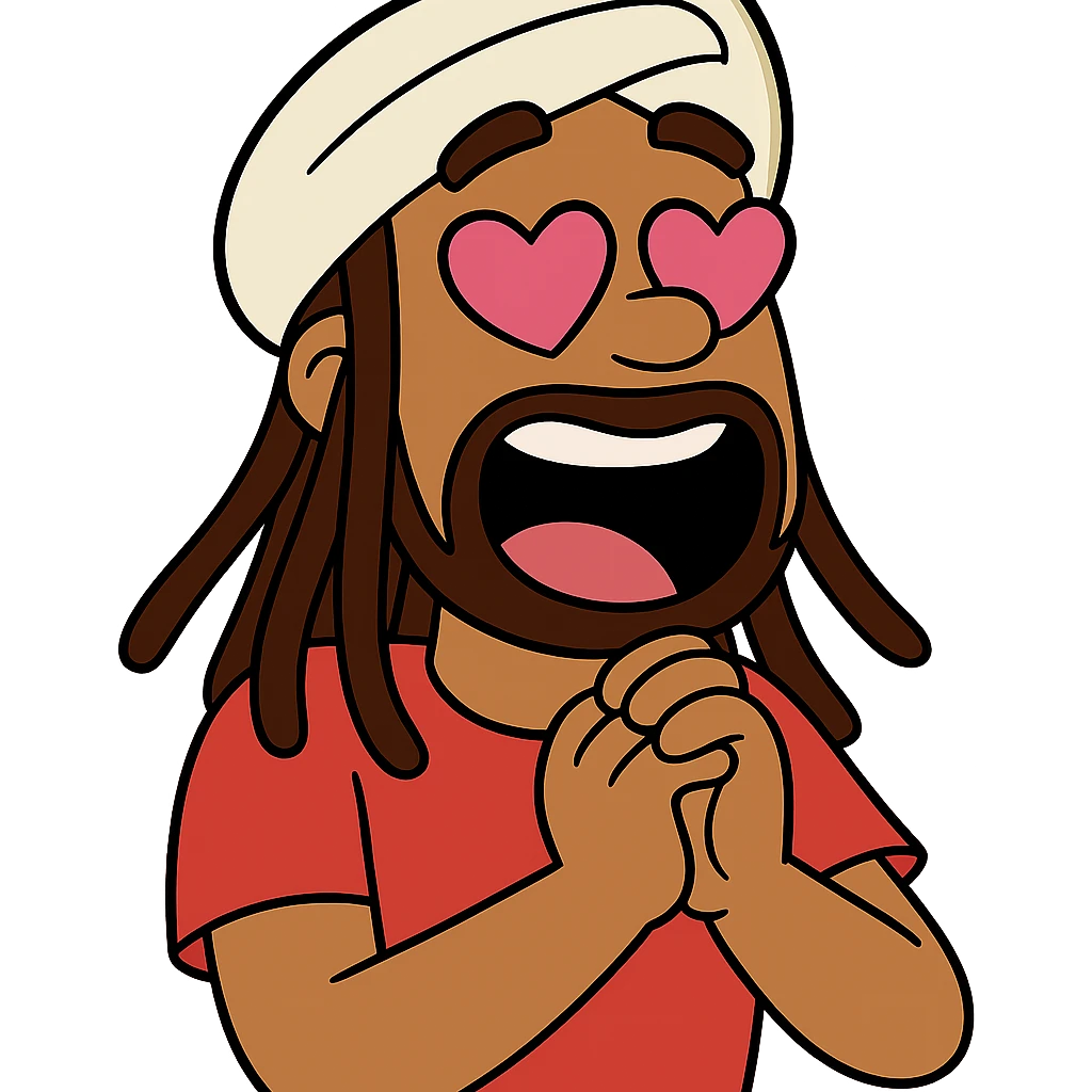 Brownskin man with long brown dreadlocks 
red t-shirt 
white turban 
expression is in love 
his eyes mouth open  emoji