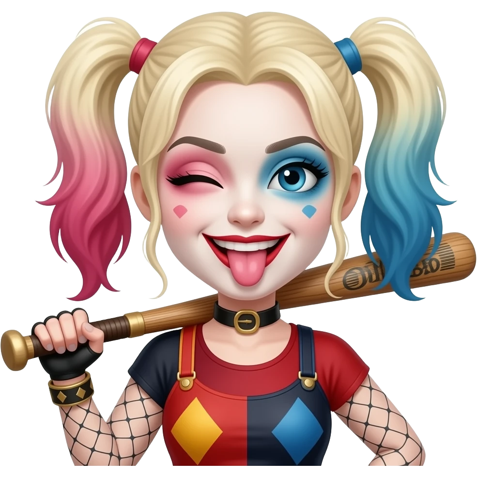 Harley Quinn sticking out her tongue with a wink holding a bat emoji