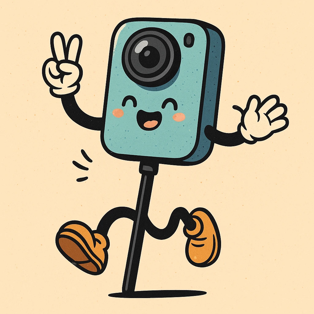 Remove any text or name from the design, keep the fun and whimsical cartoon Insta360 camera on a stick character with arms and legs as the main subject, preserving its fun and whimsical cartoon style. emoji