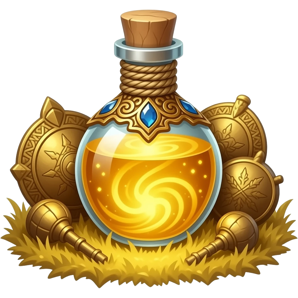 a luminescent eleshynya vial, forged in ornate golden filigree, gemstones catching soft magical light, filled with swirling radiant gold essence, sealed with twine, resting among ancient gilded relics on a shimmering golden field, mystical luxury atmosphere emoji