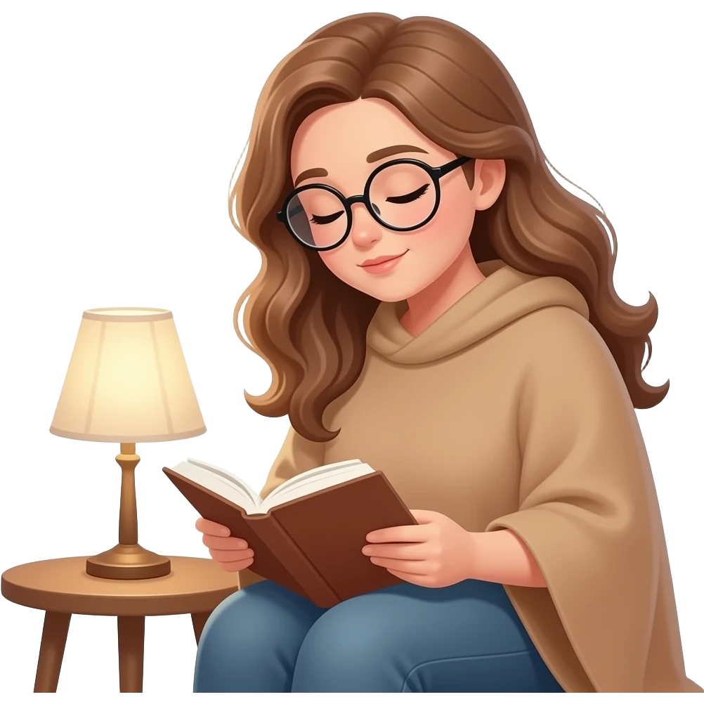 detailed emoji illustration of a curvy woman with long light brown wavy hair, light brown eyes and round glasses wearing a light brown poncho, reading a book while looking sleepy, late night reading vibe, cozy atmosphere, cute emoji style emoji