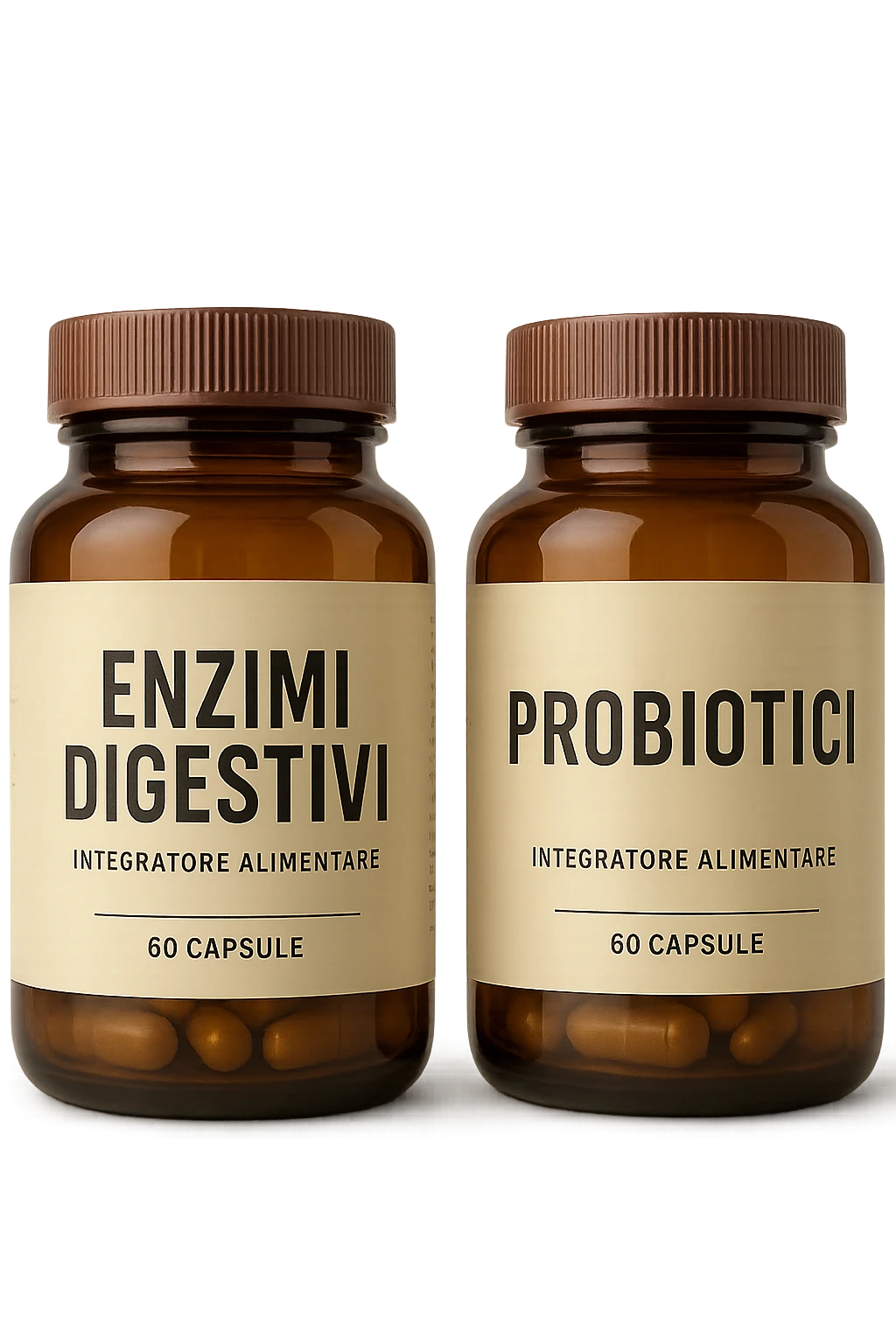 DUE BARATTOLI di integratore con la scritta "ENZIMI DIGESTIVI" E "PROBIOTICI", iperrealistico 4k emoji