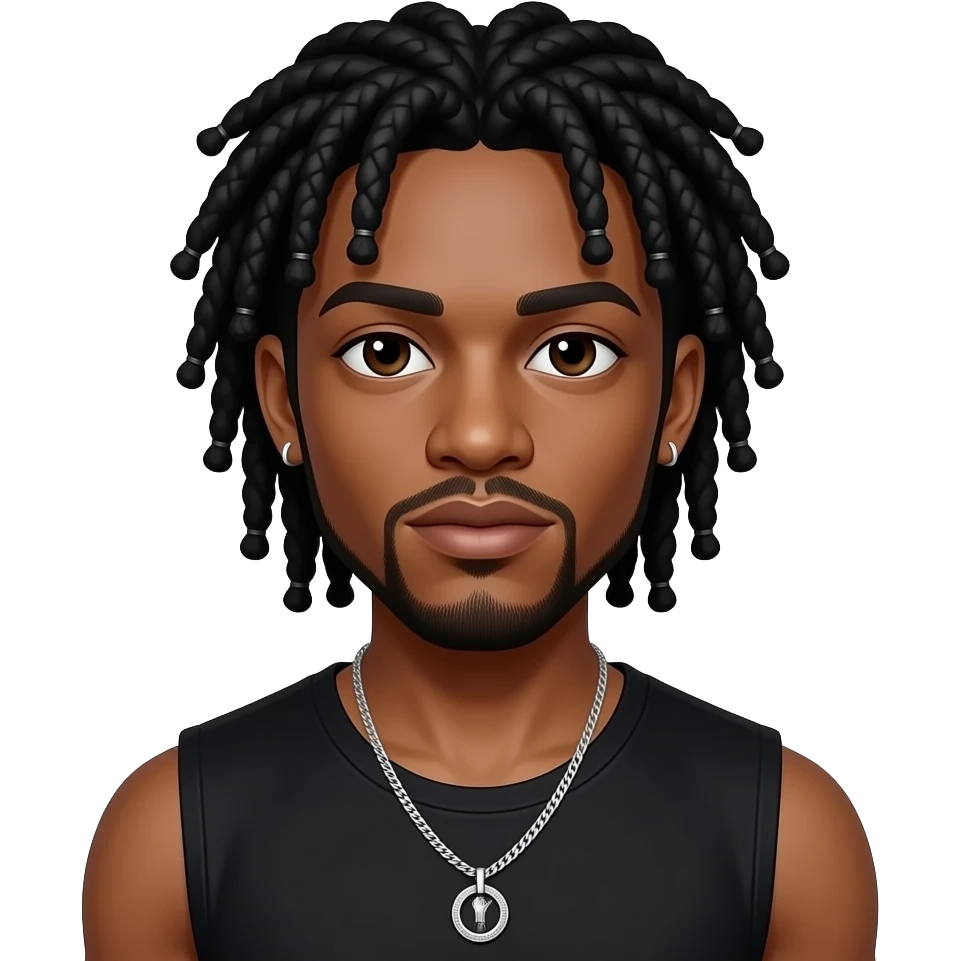 Omarion with dark brown eyes, long black dreadlocks, black sleeveless shirt, necklace and earrings emoji