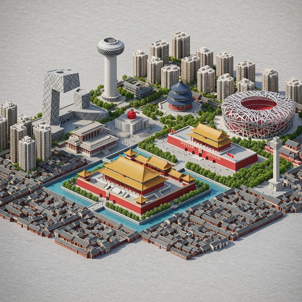 Isometric miniature of Beijing Forbidden City, Tiananmen Square, CCTV Headquarters, Temple of Heaven, Bird’s Nest Stadium and crowded hutong alleys, sprawling apartment blocks, 3D miniature effect and Tilt Shift effect, no cartoonish look, transparent background. emoji