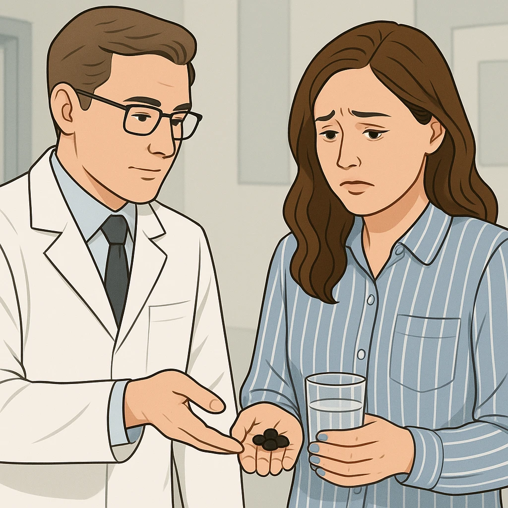 A realistic or illustrative style image of a doctor in a white coat handing medicine to a worried woman holding pills. The background is clinical, inspired by the reference image. emoji
