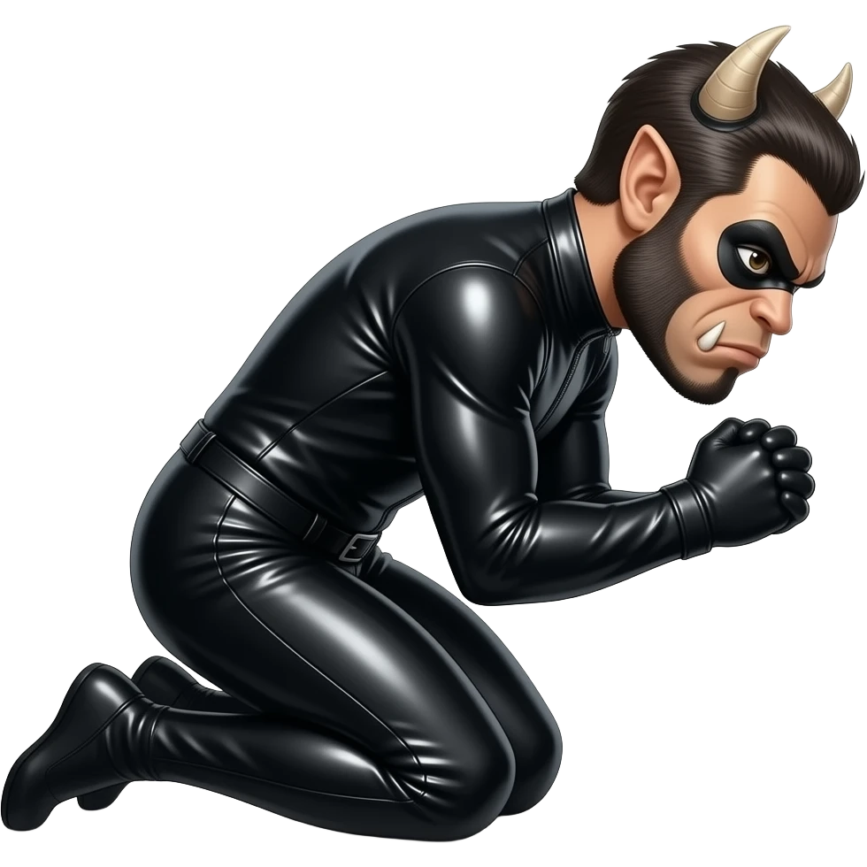 gimp, fully masked, wearing kinky black pvc rubber suit, kneeling/bowing, angle from the side emoji