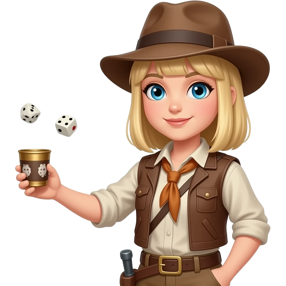 Quiero una chica rubia, con pelo liso y con el flequillo abierto por la mitad, los ojos azules y de ropa tiene que ir como una viajera estilo indiana jones y debe aparecer con los brazos hacia el lado izquierdo con un cubilete de dados como si fuese a jugar emoji