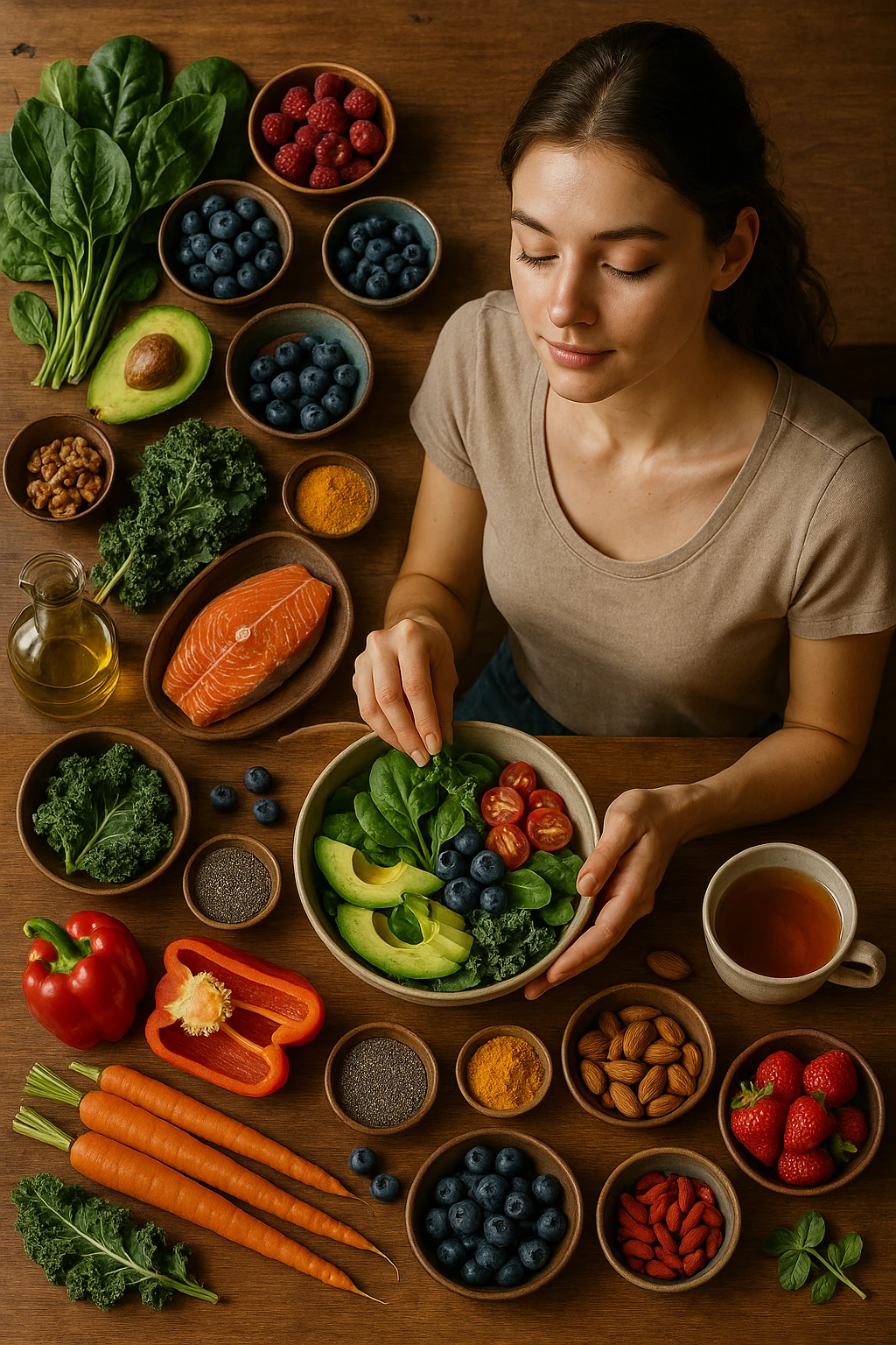 A realistic, cinematic flat-lay image of a clean wooden kitchen table filled with fresh, colorful whole foods known to help reduce androgen excess naturally. The table includes leafy greens like spinach and kale, avocados, berries, colorful vegetables, nuts, seeds (chia and flaxseeds), wild-caught salmon, and herbal teas, carefully arranged in an aesthetically pleasing, organized manner. A small glass bowl with olive oil and another with turmeric powder are included, emphasizing anti-inflammatory properties. In the scene, a young woman with clear, healthy skin and a calm expression is preparing a bowl with these ingredients, symbolizing a hormone-balancing diet. Warm, natural daylight streams in, creating a cozy and inviting atmosphere. The style is hyper-realistic 35mm photography, with vibrant yet soft colors, showcasing textures of the fresh produce and the peaceful vibe of using nutrition to support hormonal balance in italiano emoji
