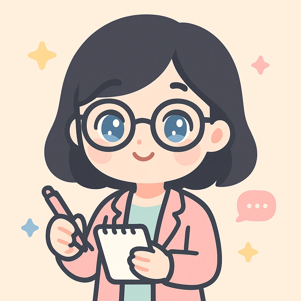 young woman journalist with black hair, blue eyes, and glasses, holding a notepad and pen, looking attentive and ready to take notes, kawaii style emoji
