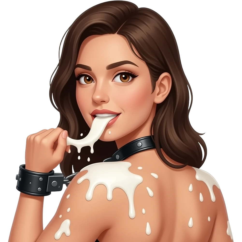 Sexy brunette brown eyes bdsm bondage mouth full of milk covers all over with splattered chunky whitecake batter in black leather hand cuffs  looking from behind emoji