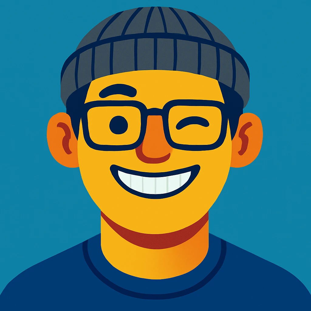 Make the beanie grey with black stripes. The guy is smiling, showing upper teeth, keep the clean modern illustration style. emoji