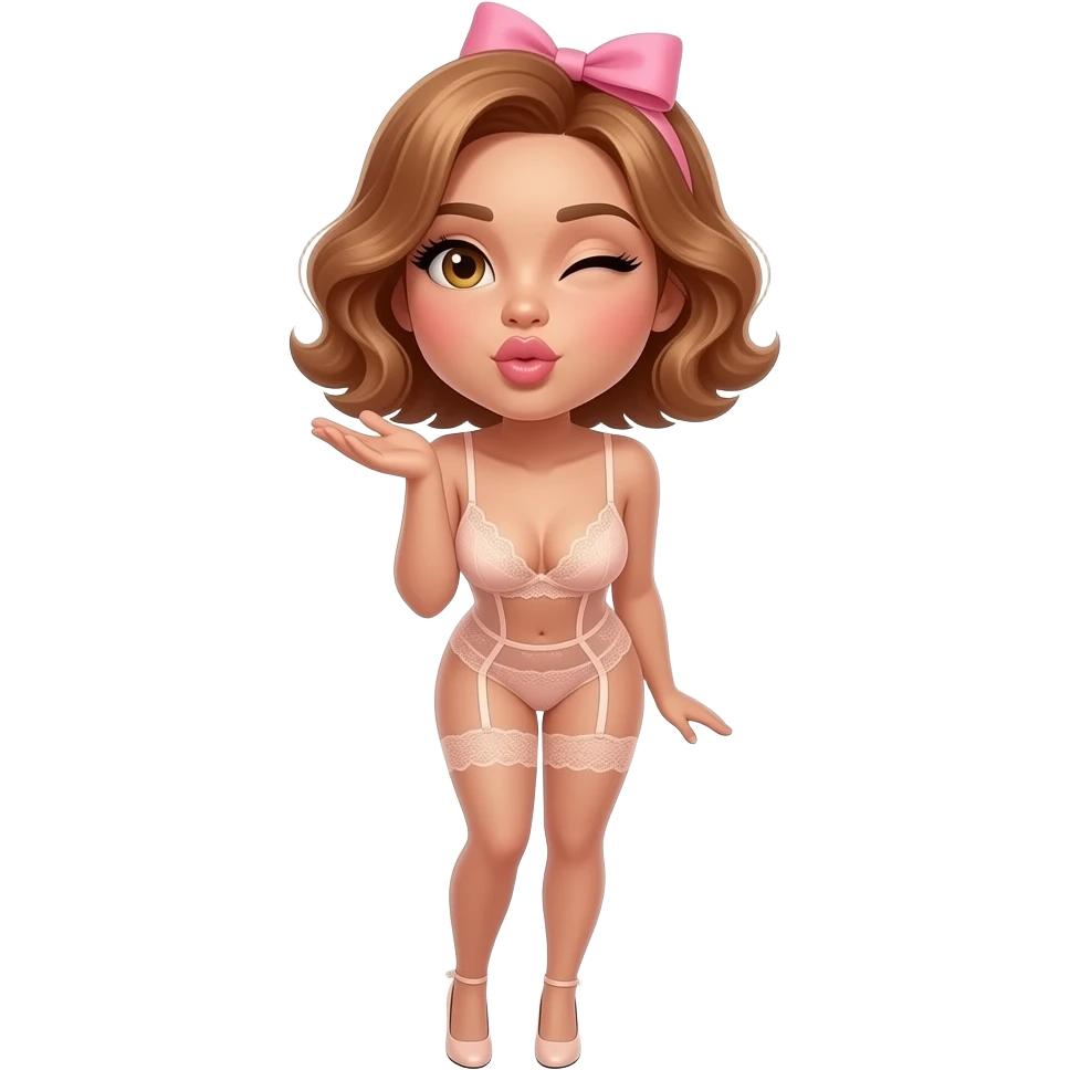 glamours,-tanned,-very-beautiful-woman-with-big-plump-rose-beige-lips,-long-lashes,-honey-silky-very short- hair,-wavy-hair,-with pink bow in hair -hazel-eyes-wearing-nude-lace-lingerie-nude-stilettos-Looks-sexy-winking-blowing-kiss-from-hand-full-body emoji