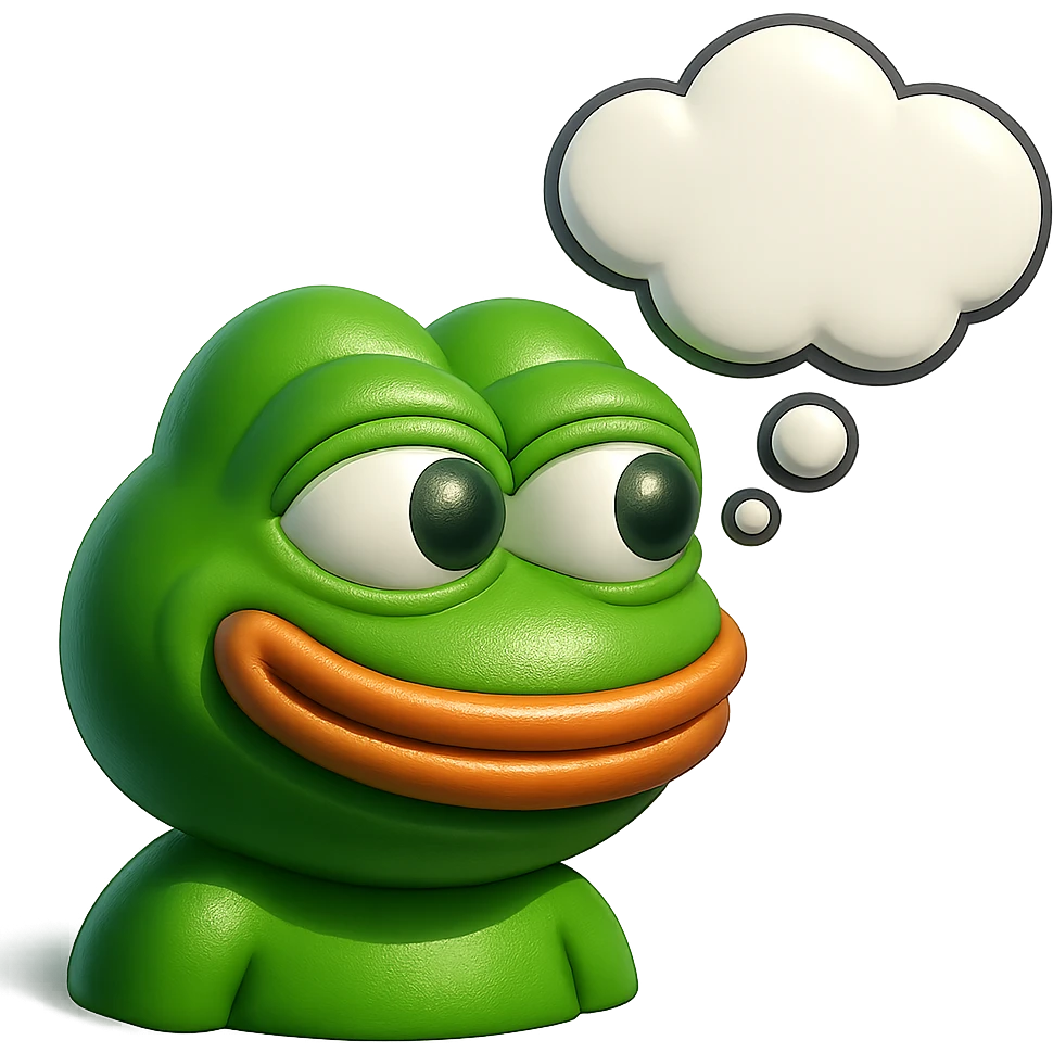 make a pepe in bright green smiling with thought bubble looking at right side in 3d style, good highlights and shadows, drop shadows emoji