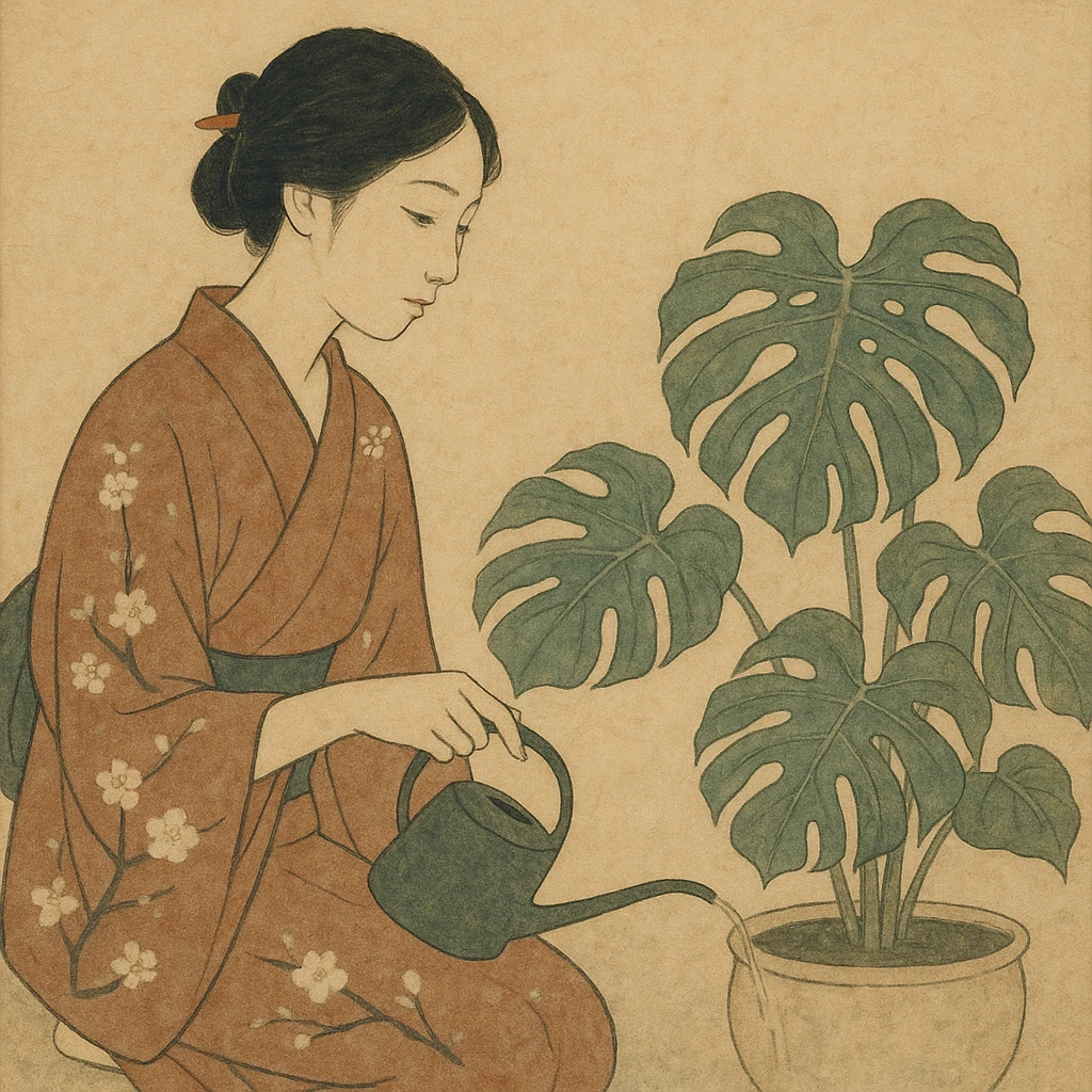 woman watering her monstera plant emoji