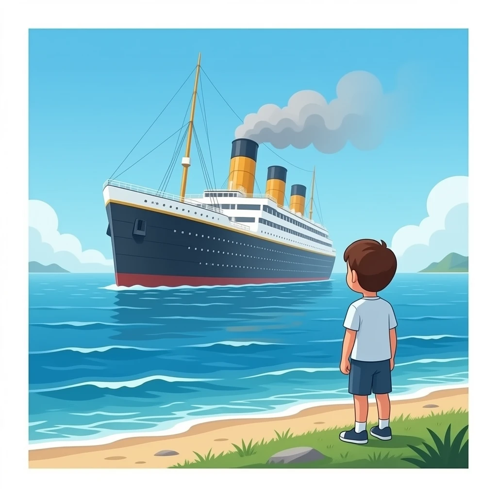 The ghostly Titanic ship floats above the sea while a boy on the shore watches the scene - cut scene emoji