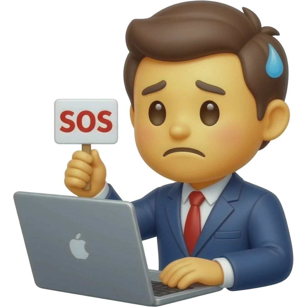 Slack emoji, cartoon style, stressed office worker at a laptop holding up a small SOS sign, sweating, white background, simple flat design, high contrast emoji