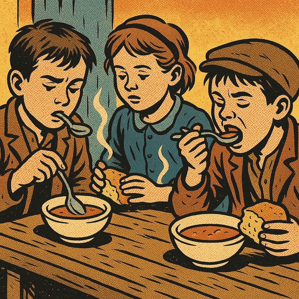Poor School children in the early 1900s industrial britain sitting down on a wooden table eating their free school meal.  The children are eating hot soup and bread.   emoji