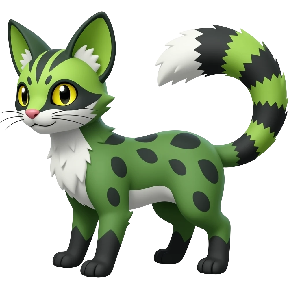randomly marked forest-green and lime-green and black and white Civet-Genet-Vernid-Fakémon-hybrid emoji