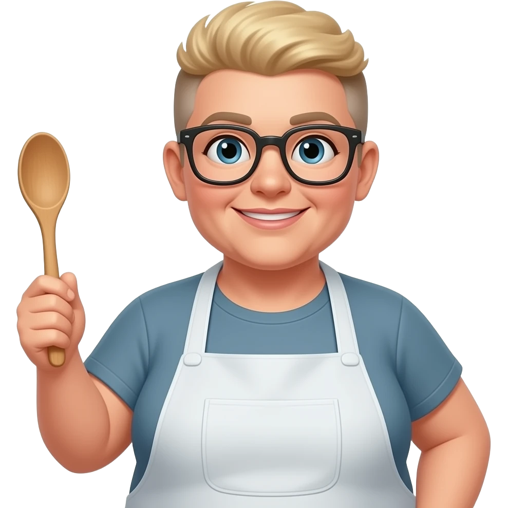 51 years blondie  some overweight woman cooking, glasses, wooden spoon, buzz cut emoji