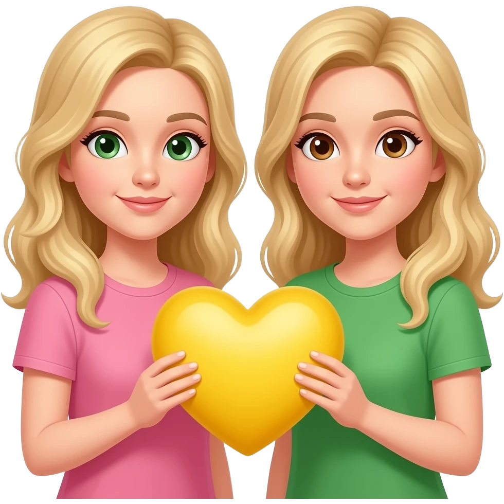 foto de dos rubias cogiendo un corazón amarillo la izquierda con una camiseta rosa y ojos marrones y verdes y la de la derecha con una camiseta verde y ojos marrones emoji