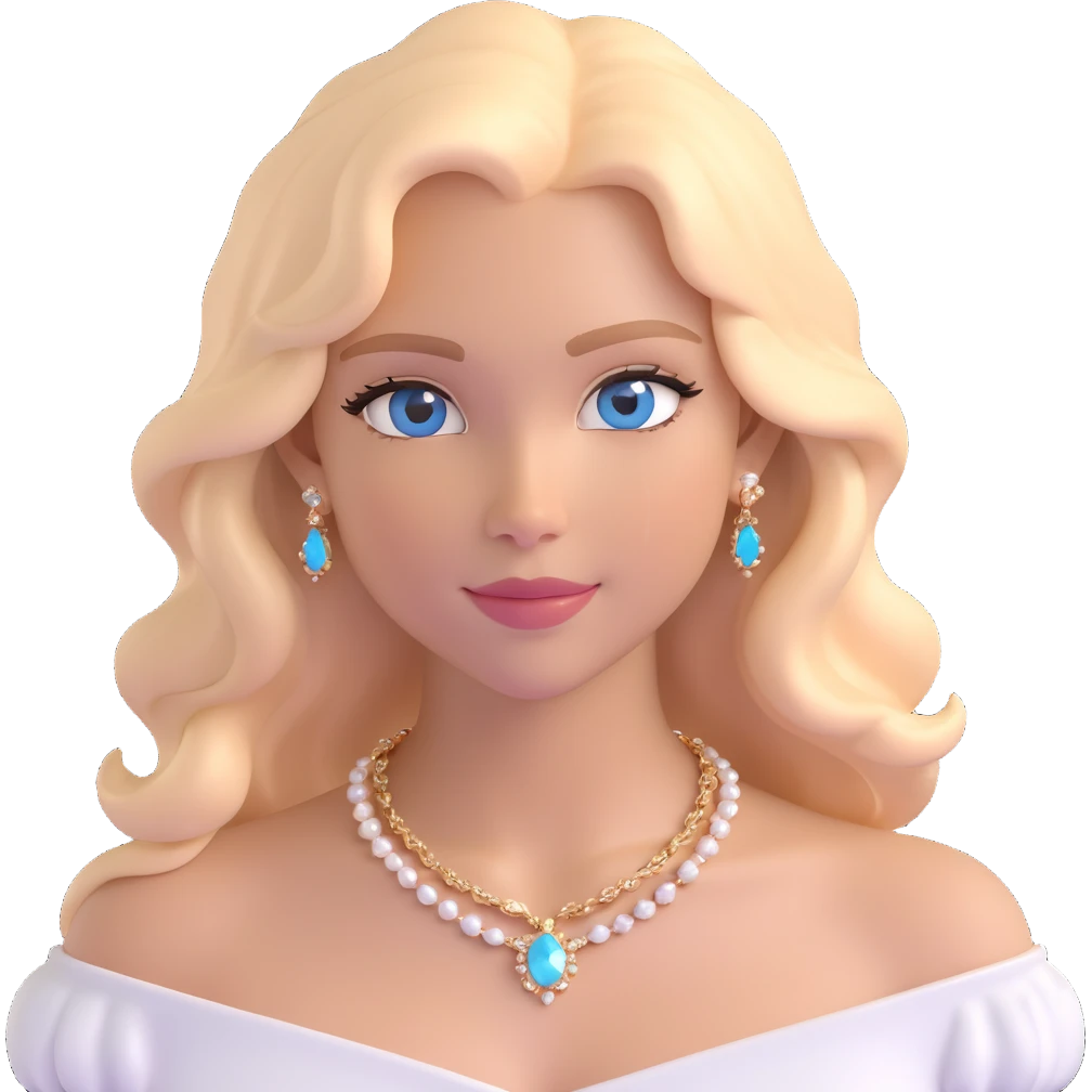 emoji of a girl with long soft wavy blond hair, blue eyes, light tan skin, gentle smile with light peach glossy lips, wearing a Bardot collar white top and a gold necklace with white jewels emoji