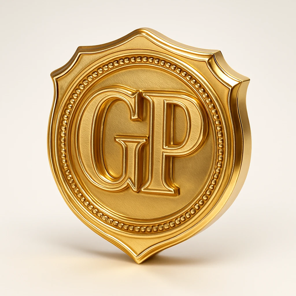 gold emblem with the letters GP in the center, elegant and shiny, with intricate details, in gold objects style emoji