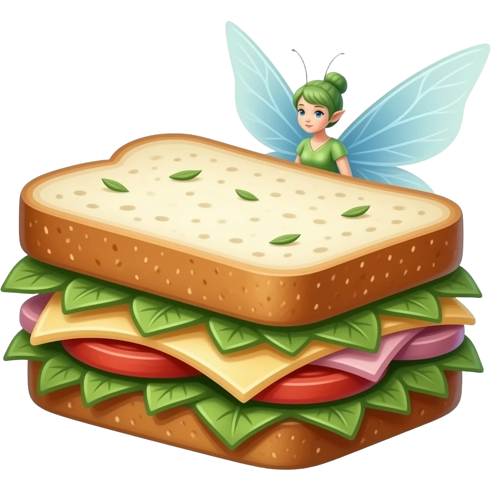 Elegant whymsical forest fairy sandwich, delicate layers, fresh herbs. Etappen in leaves emoji