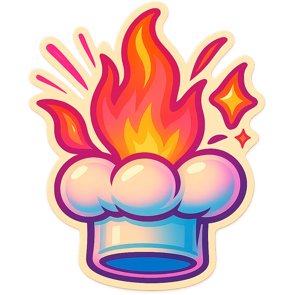 chef's hat explode with trails of fires, emoji, playful, magic flame neon orange to neon pink gradient, vibrant, flame matching style reference file emoji