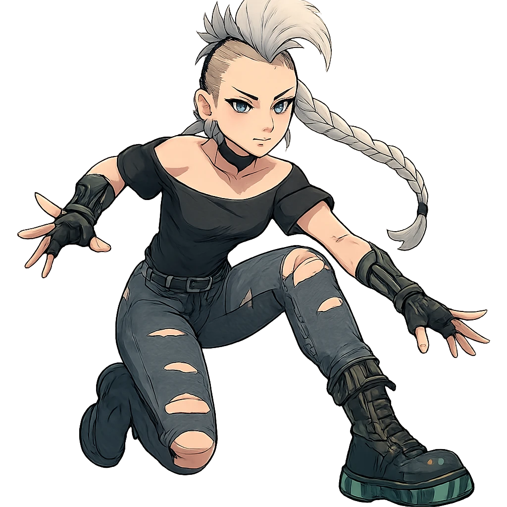 1 female, futurepunk, mohawk white hair, 1 long braid, cybergoth, gothic style, action pose, style of anime, she is looking into the camera, black short sleeve off shoulder top, ripped tight jeans, combat boots emoji