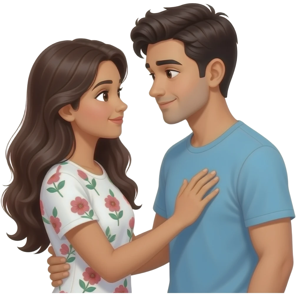 long haired Indian lady in white floral T-shirt holding her hand on boyfriend heart looking at each other lovingly shyly Face to face emoji
