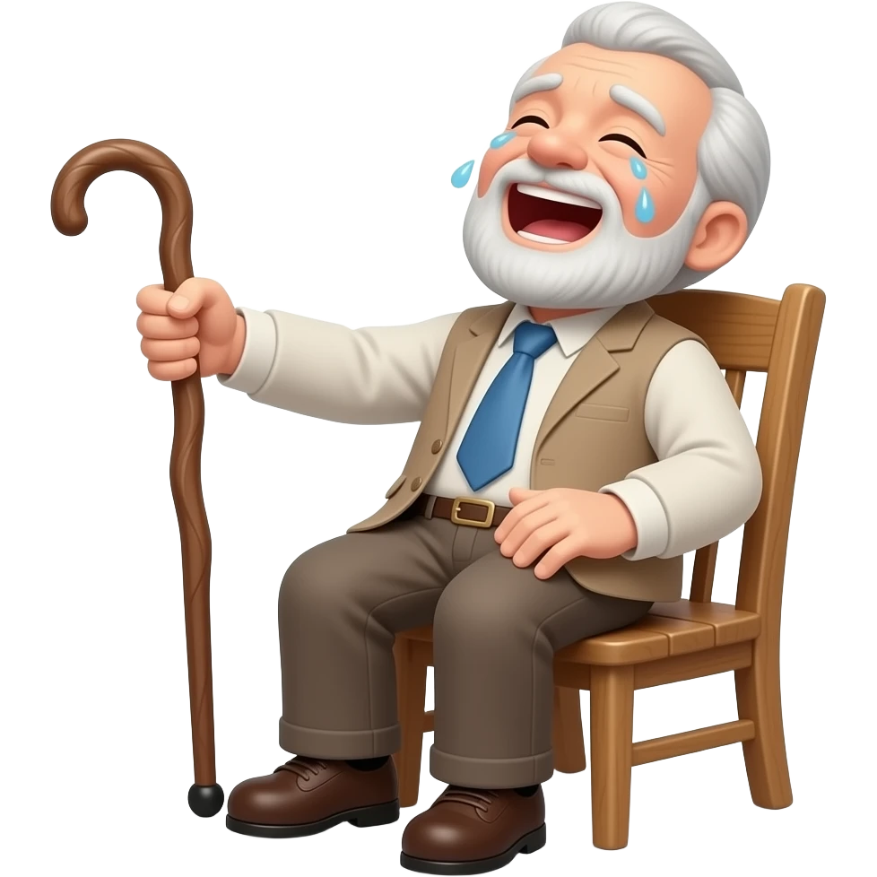 side view of an old man sitting in a chair holding a walking stick laughing with his head thrown back and tears in his eyes and his hand slapping his knee. emoji