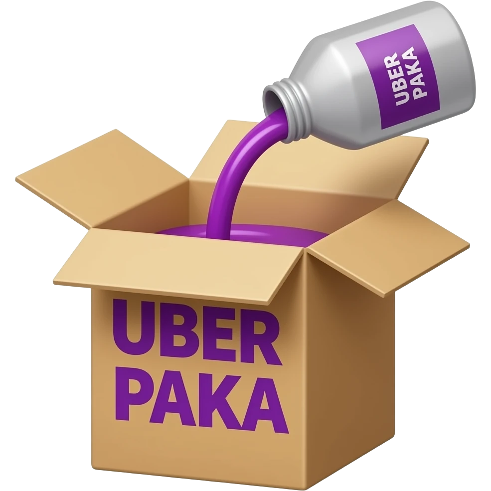a box from which purple syrup is poured, with a large and legible inscription "UBER PAKA" on the front emoji