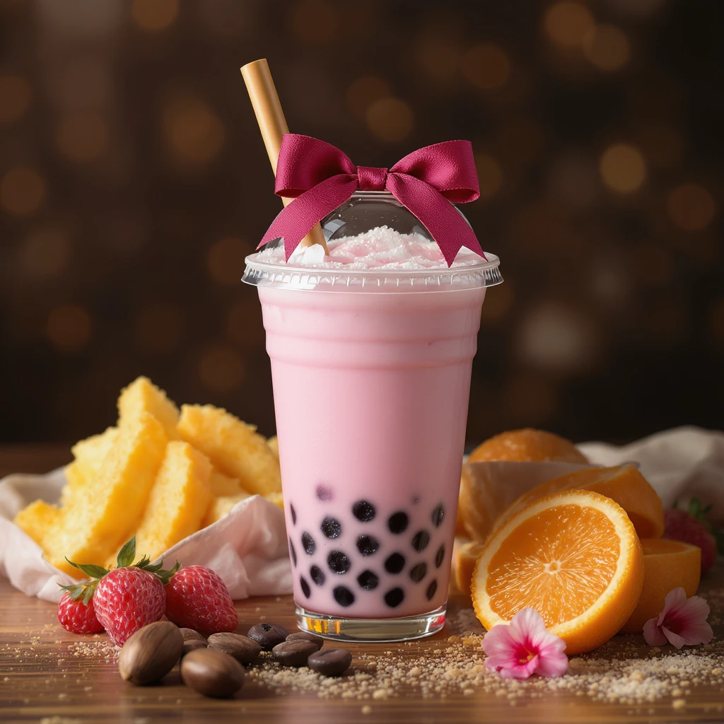 photorealistic elegant pink bubble tea with a bow, transparent background emoji